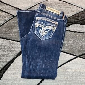 ROCK REVIVAL BORIS EMBROIDERED FLEUR-DE-LIS METALLIC RHINESTONES BOOT DENIM JEAN